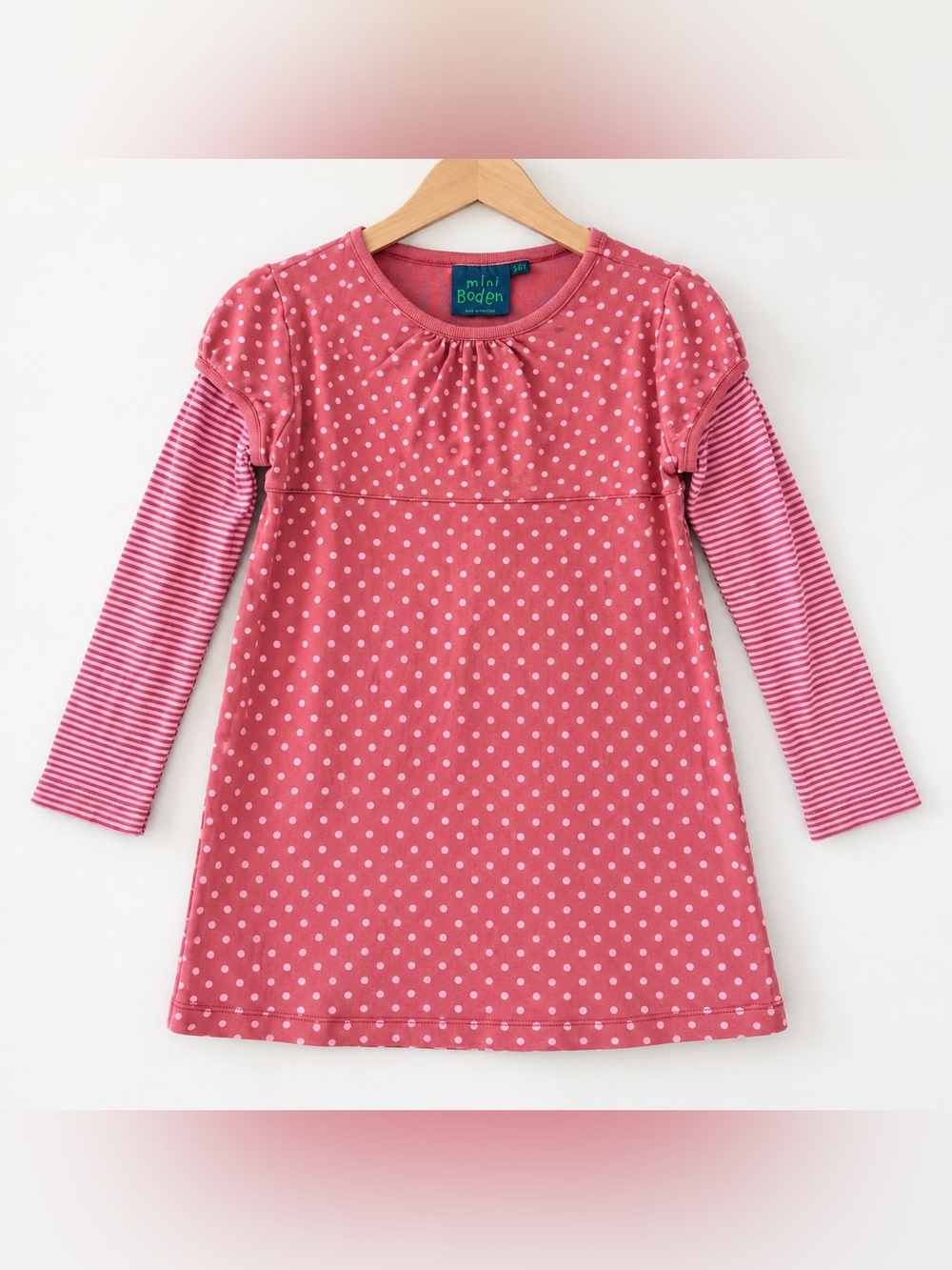 Mini Boden Girls Pink Polka Dot Long Sleeve Dress 5-6Y Cottagecore Stripes